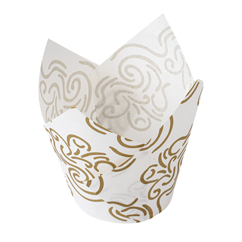 Panificio 3.5 oz White Paper Floral Tulip Baking Cup - Greaseproof - 3 1/4" x 3 1/4" x 3 1/4" - 500 count box