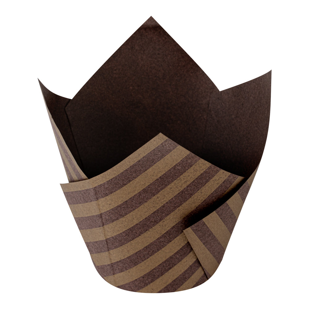 Panificio 3.5 oz Brown Paper Striped Tulip Baking Cup - Greaseproof - 3 1/4" x 3 1/4" x 3 1/4" - 50 count box