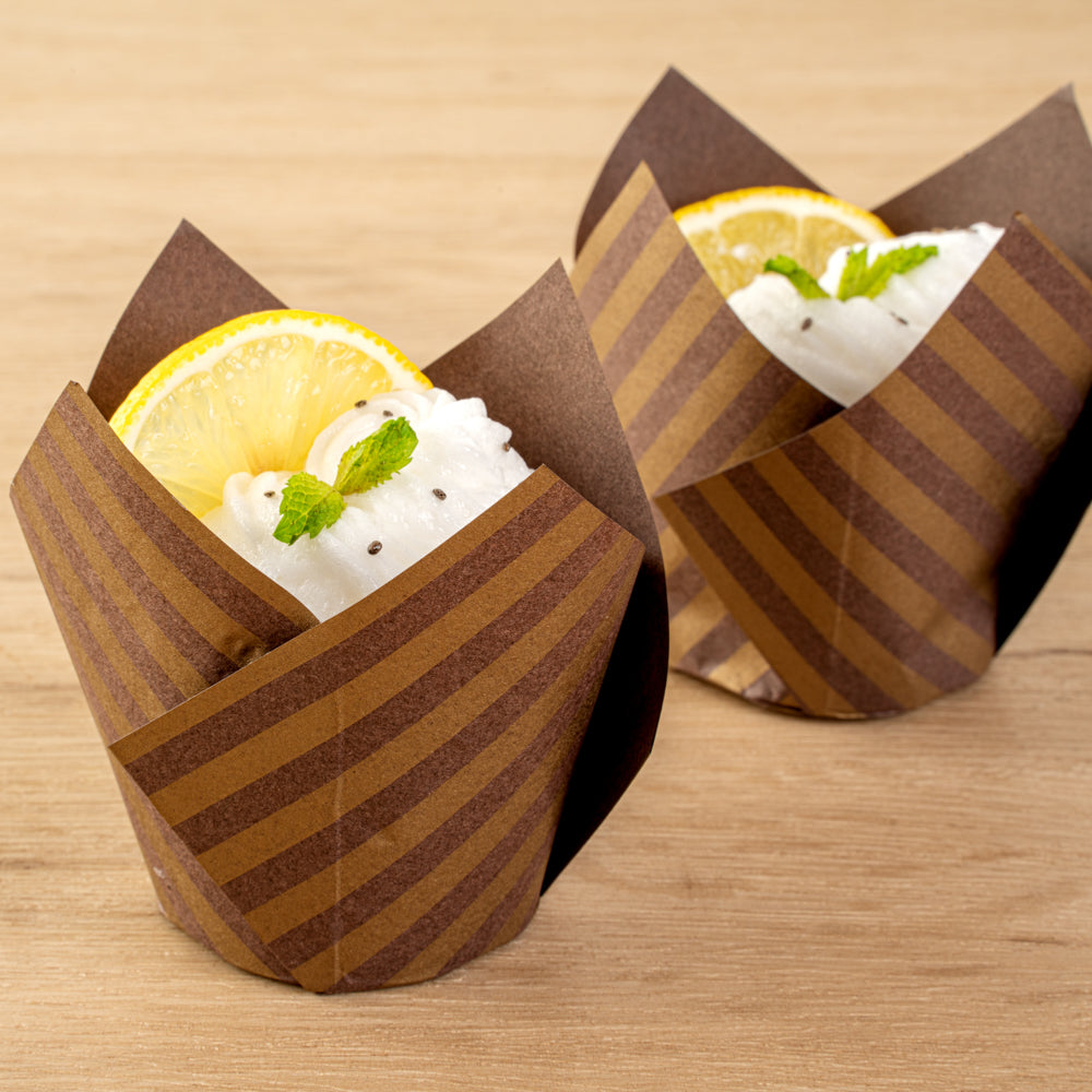 Panificio 3.5 oz Brown Paper Striped Tulip Baking Cup - Greaseproof - 3 1/4" x 3 1/4" x 3 1/4" - 50 count box