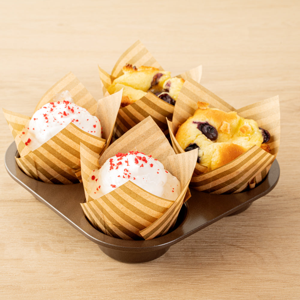 Panificio 3.5 oz Kraft Paper Striped Tulip Baking Cup - Greaseproof - 3 1/4" x 3 1/4" x 3 1/4" - 500 count box
