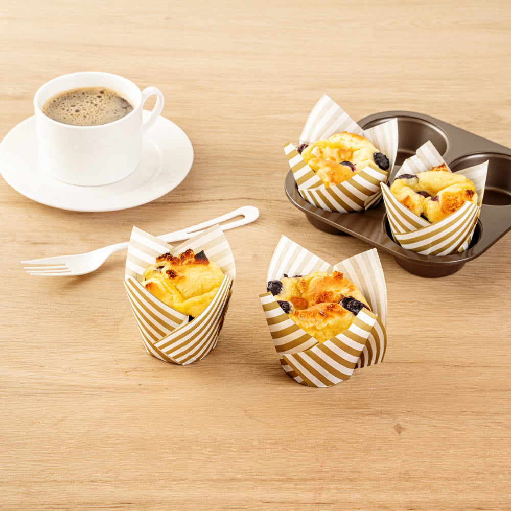 Panificio 3.5 oz White Paper Striped Tulip Baking Cup - Greaseproof - 3 1/4" x 3 1/4" x 3 1/4" - 50 count box