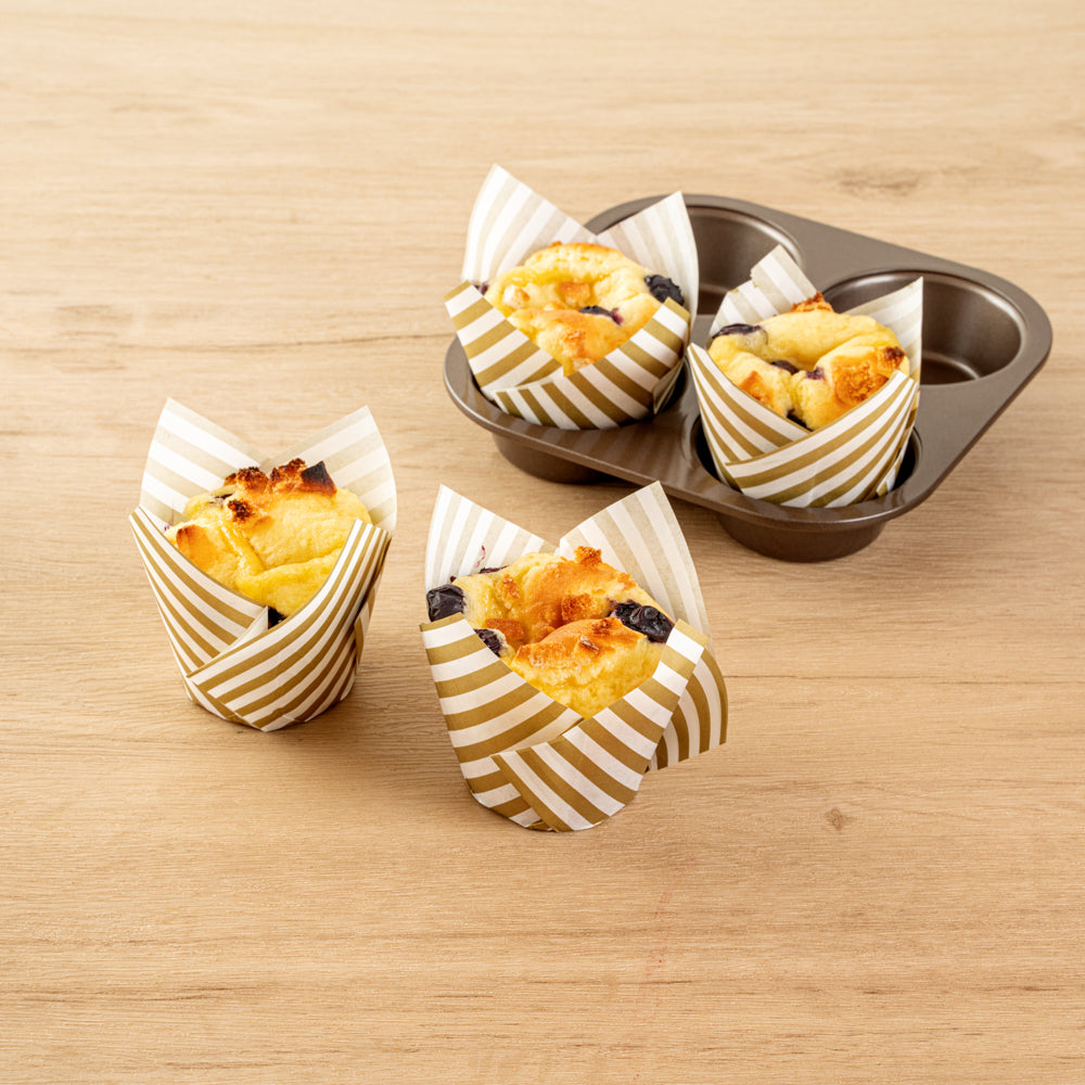Panificio 3.5 oz White Paper Striped Tulip Baking Cup - Greaseproof - 3 1/4" x 3 1/4" x 3 1/4" - 50 count box