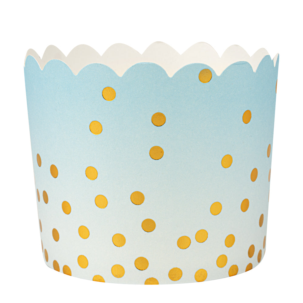 Panificio 4.5 oz Blue Paper Scalloped Baking Cup - Gold Polka Dots - 2 3/4" x 2 3/4" x 2" - 50 count box