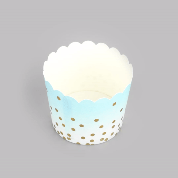 Panificio 4.5 oz Blue Paper Scalloped Baking Cup - Gold Polka Dots - 2 3/4" x 2 3/4" x 2" - 500 count box