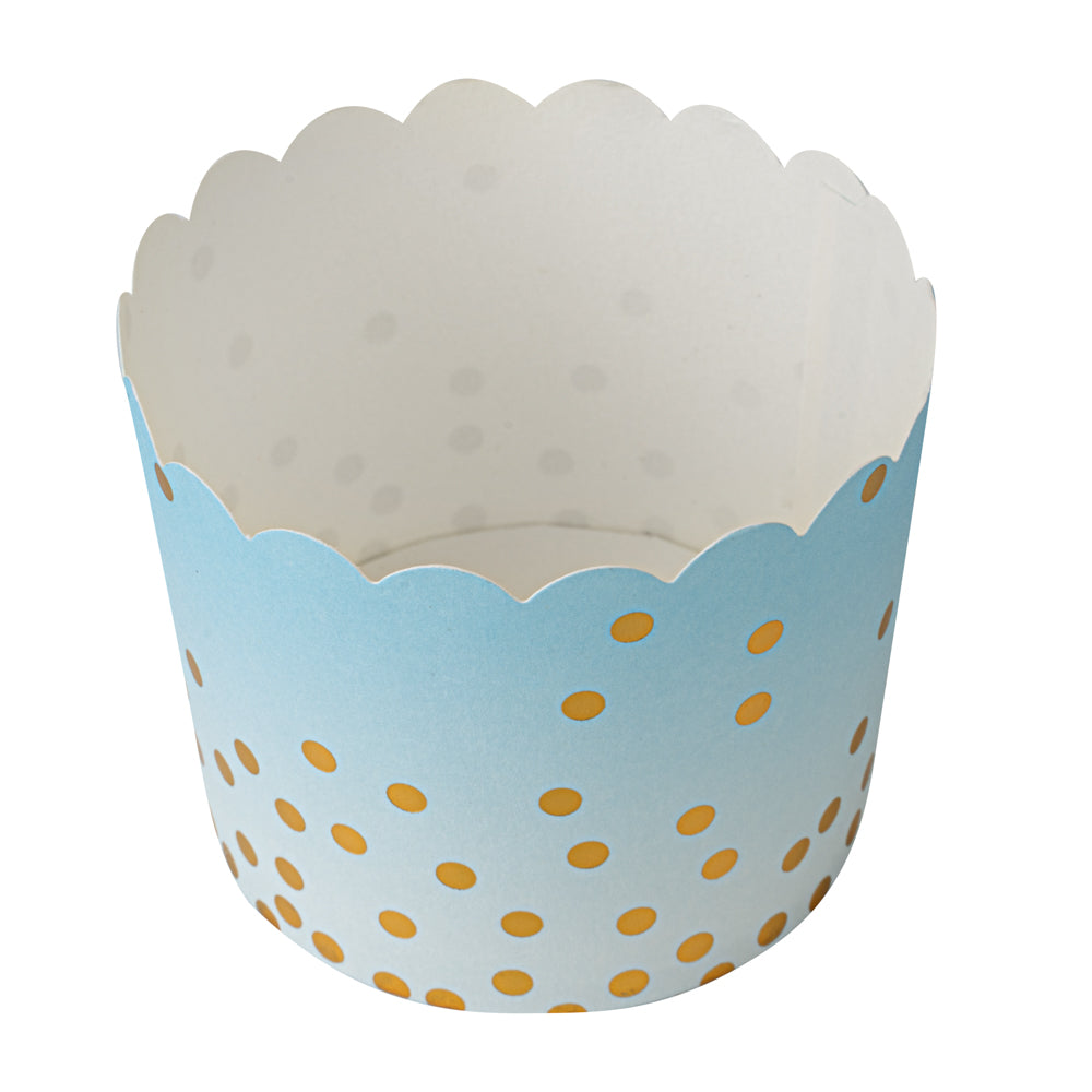 Panificio 4.5 oz Blue Paper Scalloped Baking Cup - Gold Polka Dots - 2 3/4" x 2 3/4" x 2" - 500 count box