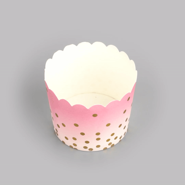 Panificio 4.5 oz Pink Paper Scalloped Baking Cup - Gold Polka Dots - 2 3/4" x 2 3/4" x 2" - 50 count box
