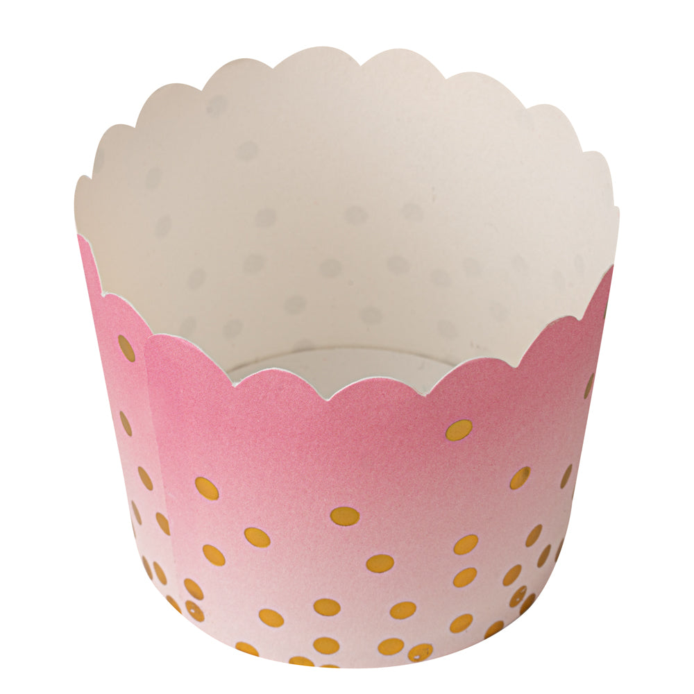 Panificio 4.5 oz Pink Paper Scalloped Baking Cup - Gold Polka Dots - 2 3/4" x 2 3/4" x 2" - 50 count box