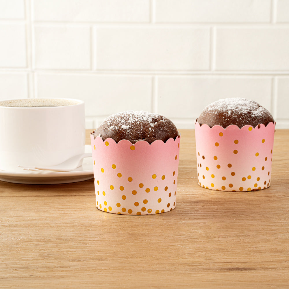 Panificio 4.5 oz Pink Paper Scalloped Baking Cup - Gold Polka Dots - 2 3/4" x 2 3/4" x 2" - 50 count box