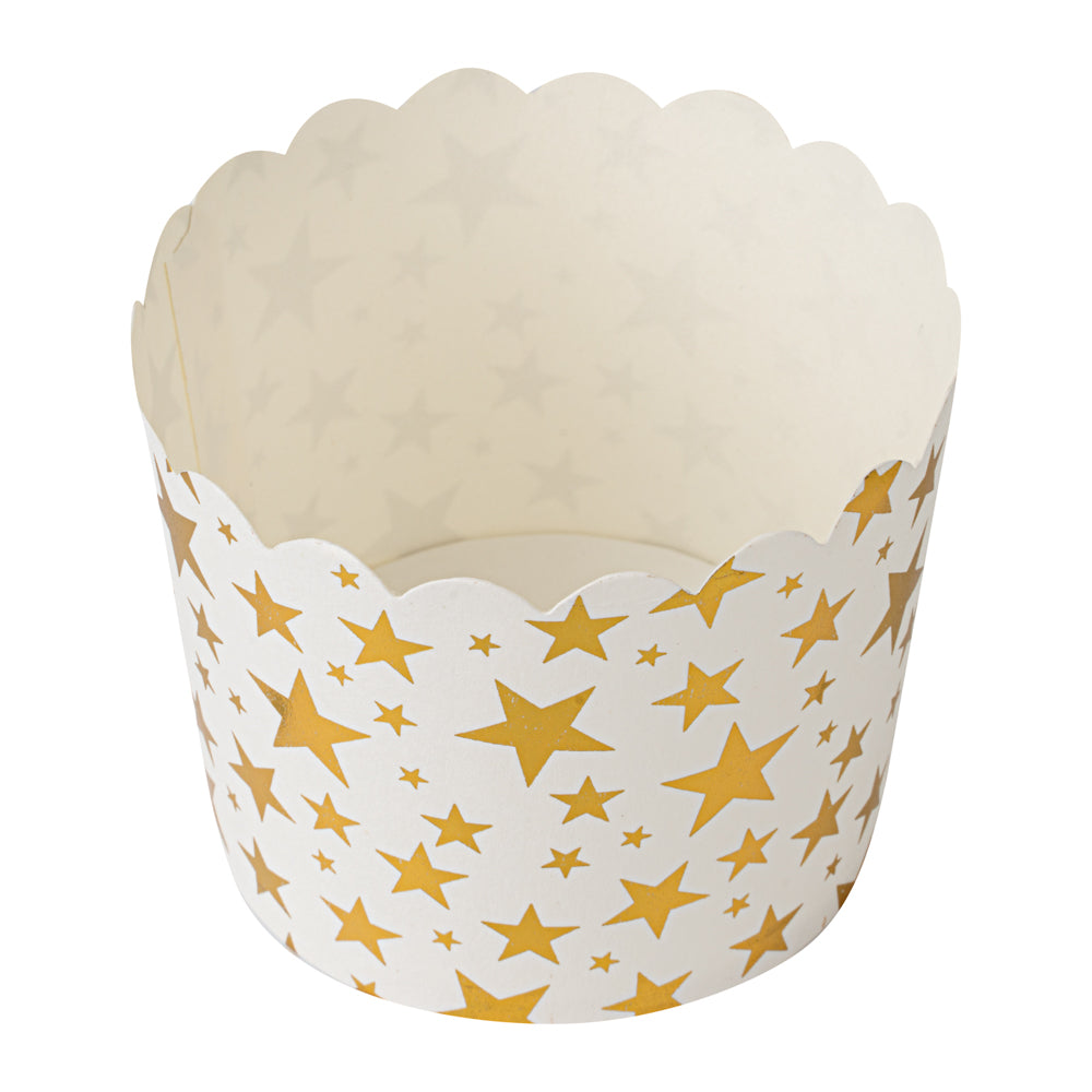 Panificio 4.5 oz White Paper Scalloped Baking Cup - Gold Stars - 2 3/4" x 2 3/4" x 2" - 50 count box