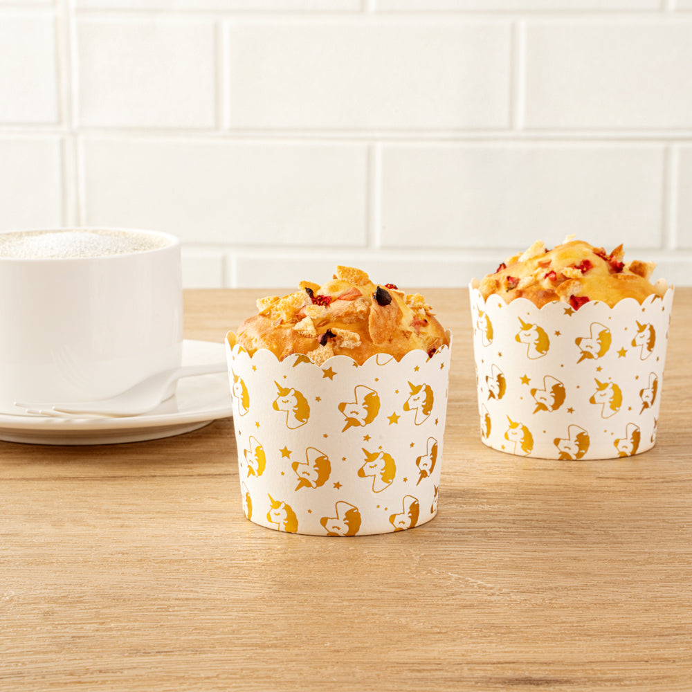 Panificio 4.5 oz White Paper Scalloped Baking Cup - Gold Unicorns - 2 3/4" x 2 3/4" x 2" - 500 count box