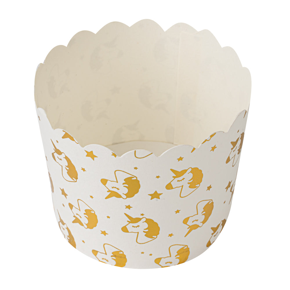 Panificio 4.5 oz White Paper Scalloped Baking Cup - Gold Unicorns - 2 3/4" x 2 3/4" x 2" - 50 count box