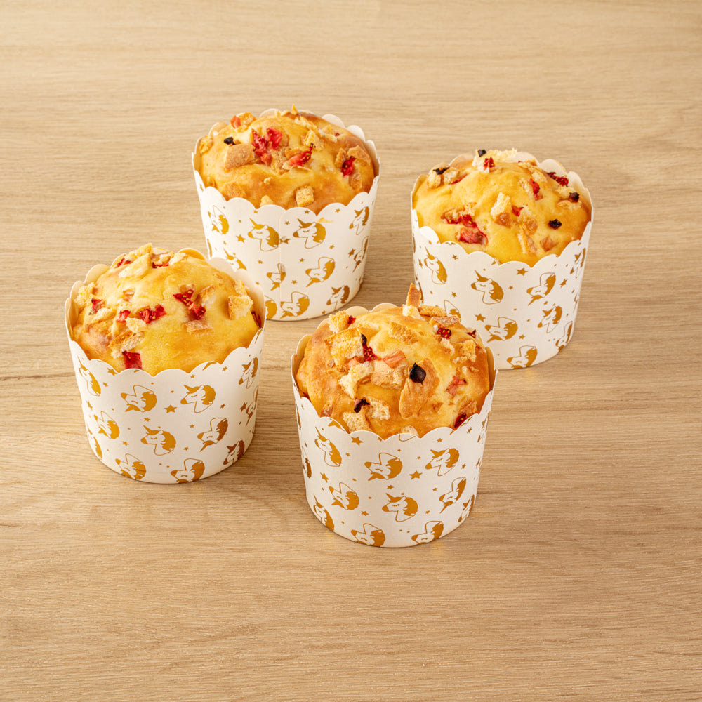 Panificio 4.5 oz White Paper Scalloped Baking Cup - Gold Unicorns - 2 3/4" x 2 3/4" x 2" - 50 count box