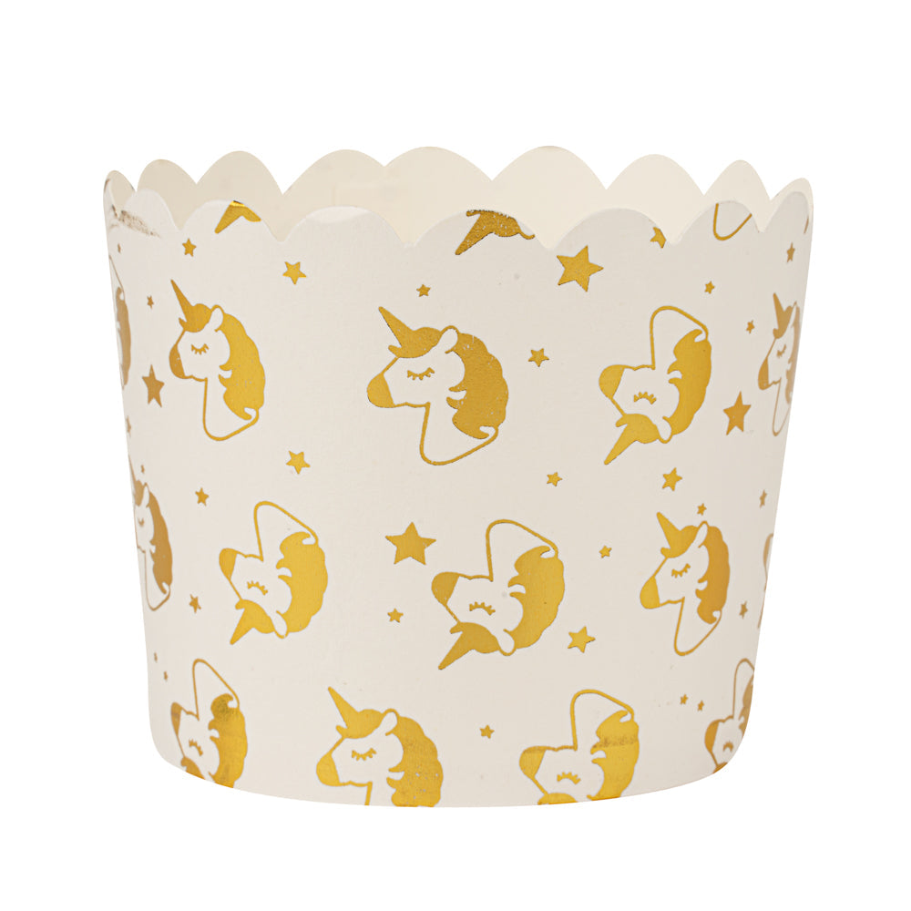 Panificio 4.5 oz White Paper Scalloped Baking Cup - Gold Unicorns - 2 3/4" x 2 3/4" x 2" - 500 count box