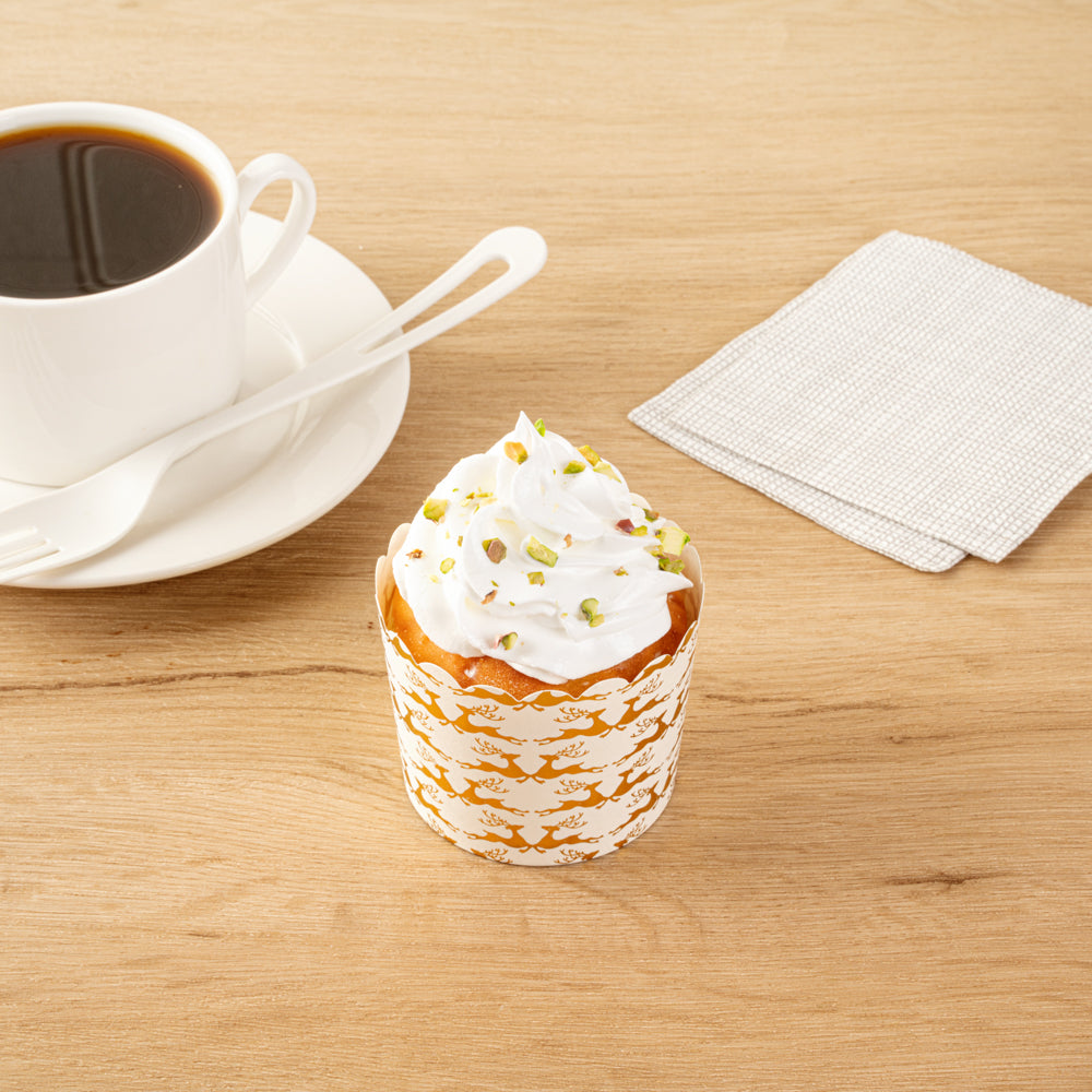 Panificio 4.5 oz White Paper Scalloped Baking Cup - Gold Reindeer - 2 3/4" x 2 3/4" x 2" - 50 count box