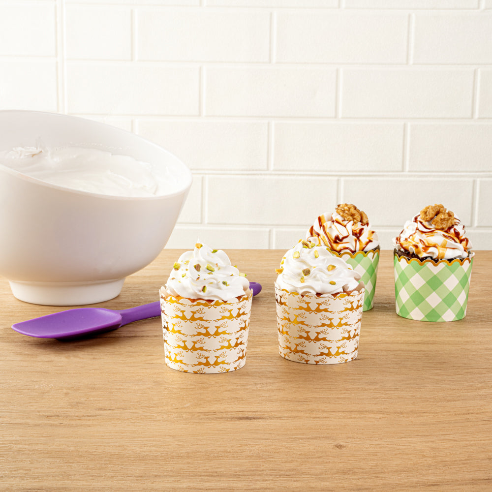 Panificio 4.5 oz White Paper Scalloped Baking Cup - Gold Reindeer - 2 3/4" x 2 3/4" x 2" - 50 count box