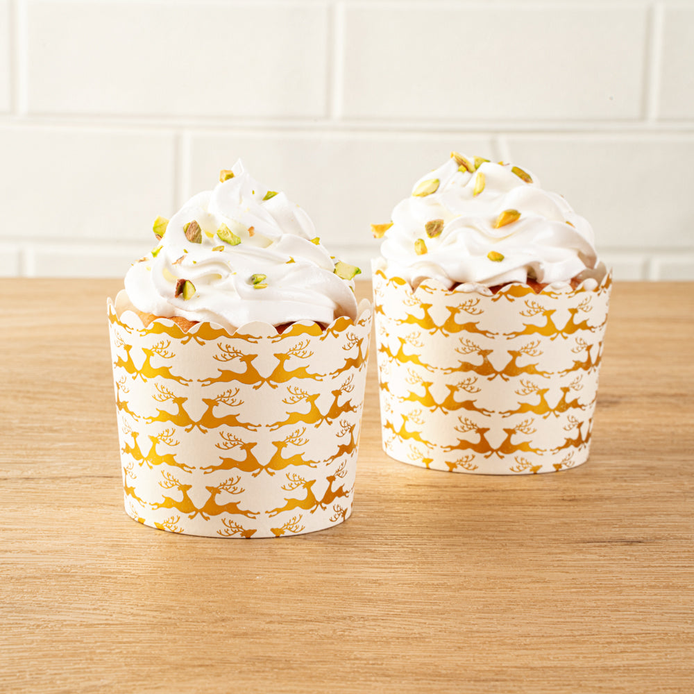 Panificio 4.5 oz White Paper Scalloped Baking Cup - Gold Reindeer - 2 3/4" x 2 3/4" x 2" - 500 count box