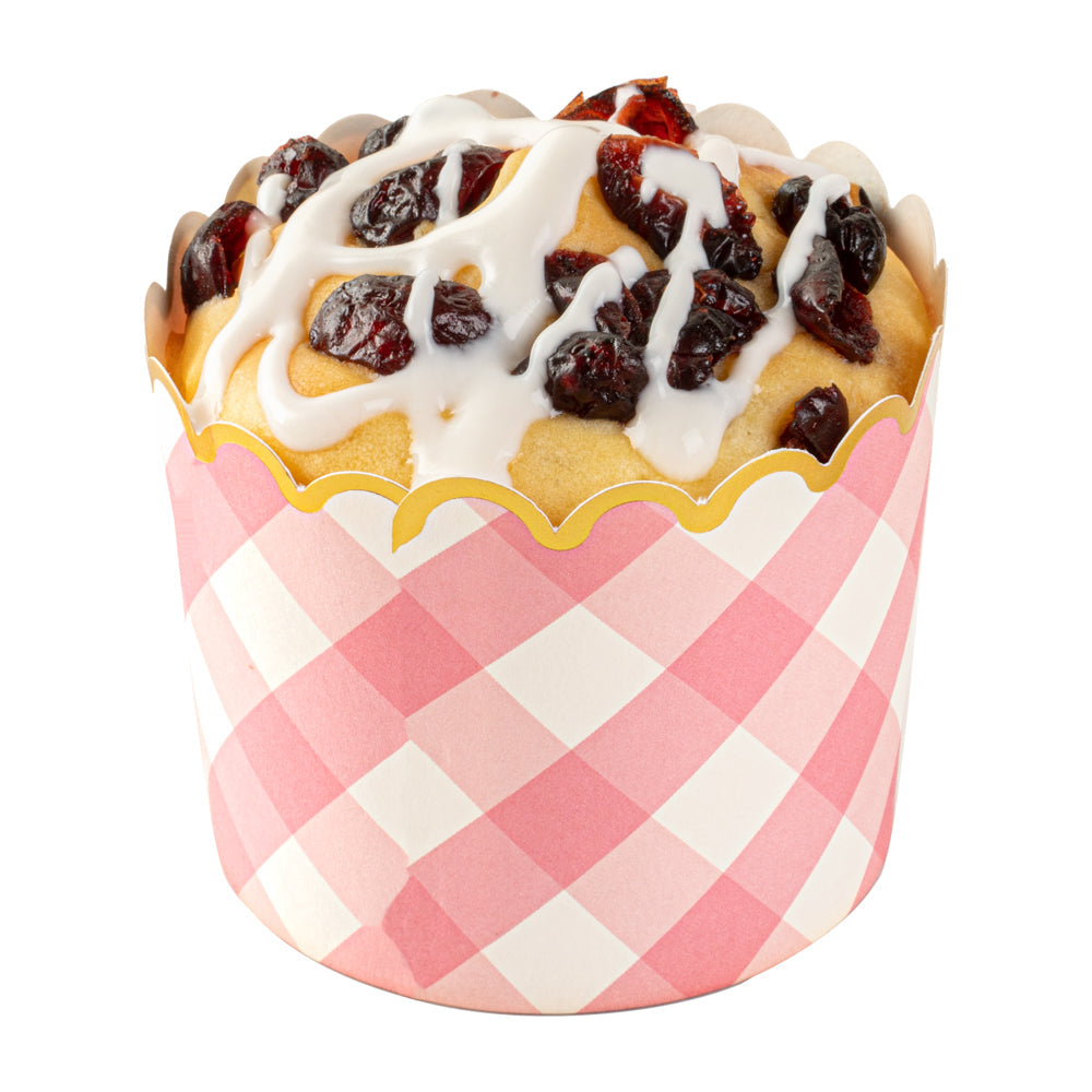 Panificio 4.5 oz Pink Plaid Paper Scalloped Baking Cup - Gold Rim - 2 3/4" x 2 3/4" x 2" - 50 count box
