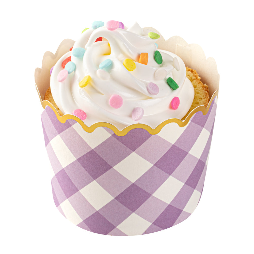 Panificio 4.5 oz Purple Plaid Paper Scalloped Baking Cup - Gold Rim - 2 3/4" x 2 3/4" x 2" - 50 count box
