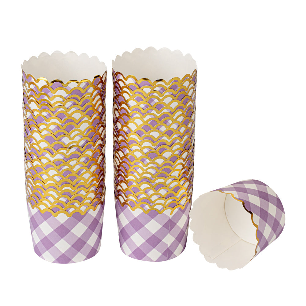 Panificio 4.5 oz Purple Plaid Paper Scalloped Baking Cup - Gold Rim - 2 3/4" x 2 3/4" x 2" - 50 count box