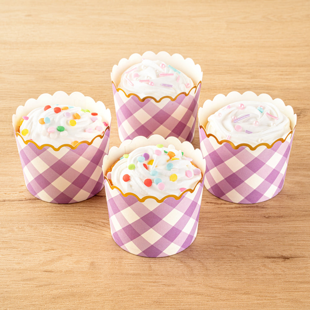 Panificio 4.5 oz Purple Plaid Paper Scalloped Baking Cup - Gold Rim - 2 3/4" x 2 3/4" x 2" - 50 count box