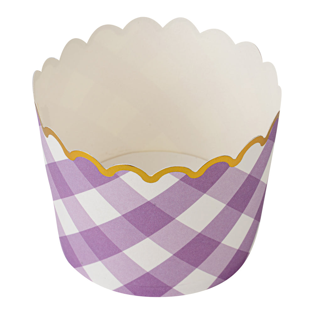 Panificio 4.5 oz Purple Plaid Paper Scalloped Baking Cup - Gold Rim - 2 3/4" x 2 3/4" x 2" - 500 count box