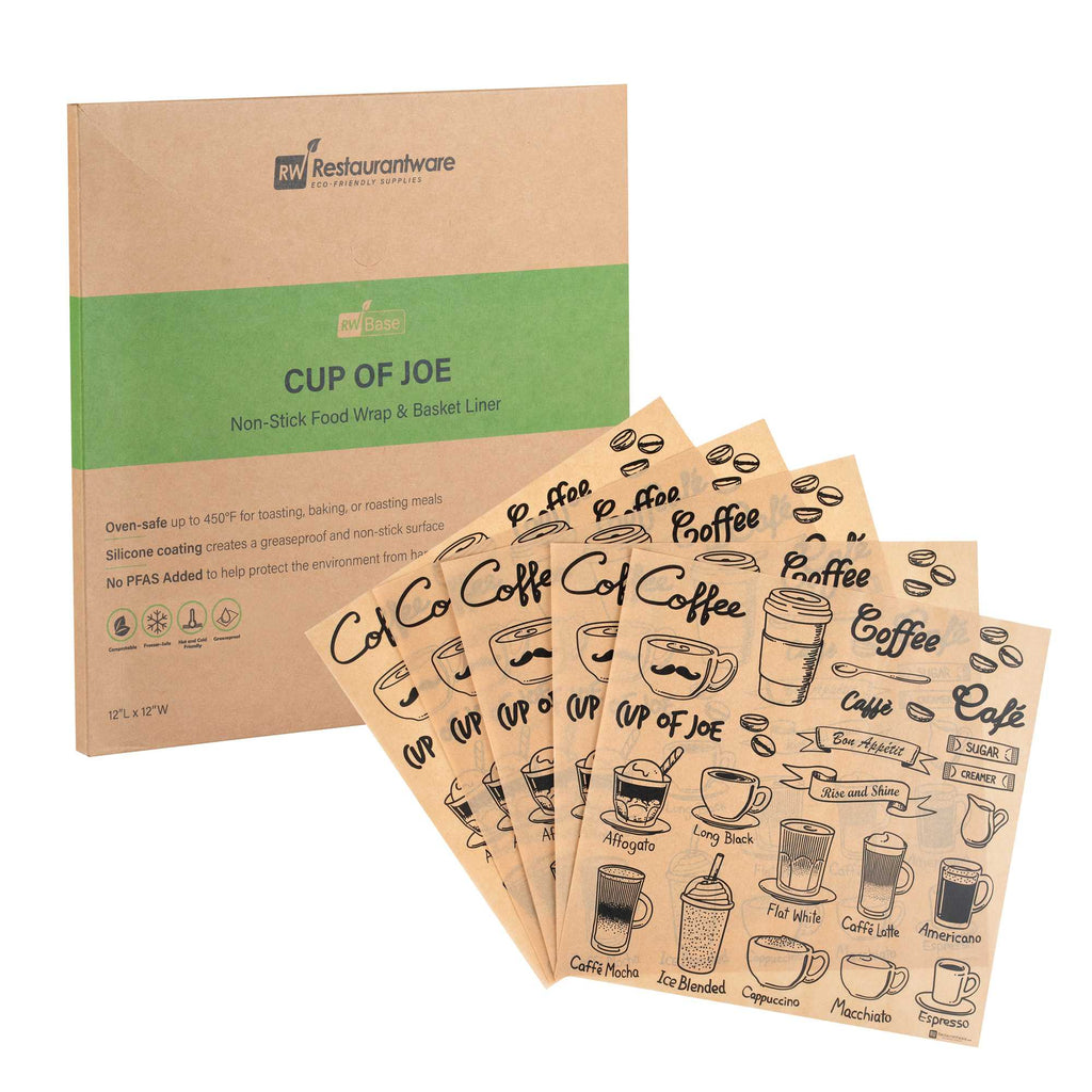 Chef 101 No PFAS Added Kraft Paper Coffee Shop Wrap and Pastry Liner - Cup of Joe, Greaseproof - 12" x 12" - 2000 count box
