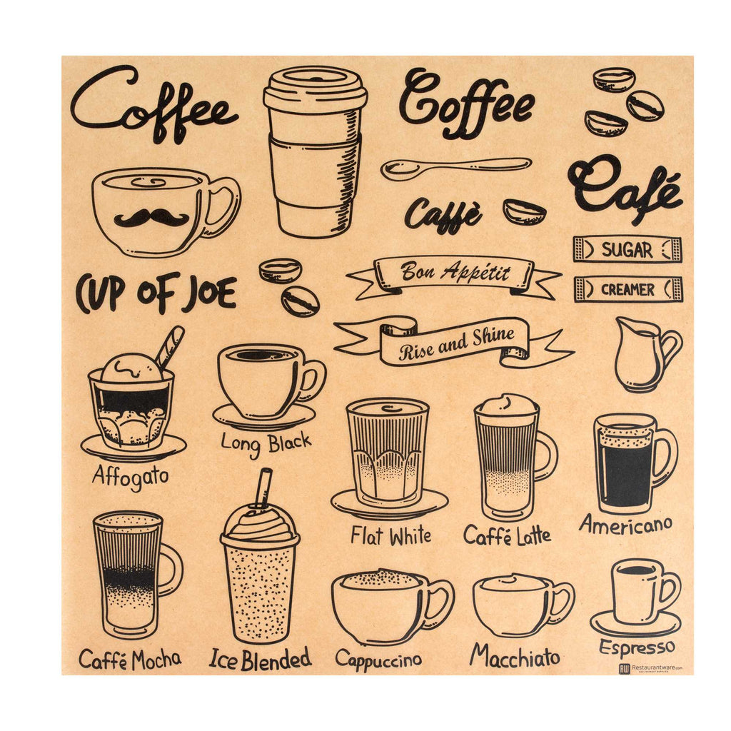 Chef 101 No PFAS Added Kraft Paper Coffee Shop Wrap and Pastry Liner - Cup of Joe, Greaseproof - 12" x 12" - 200 count box