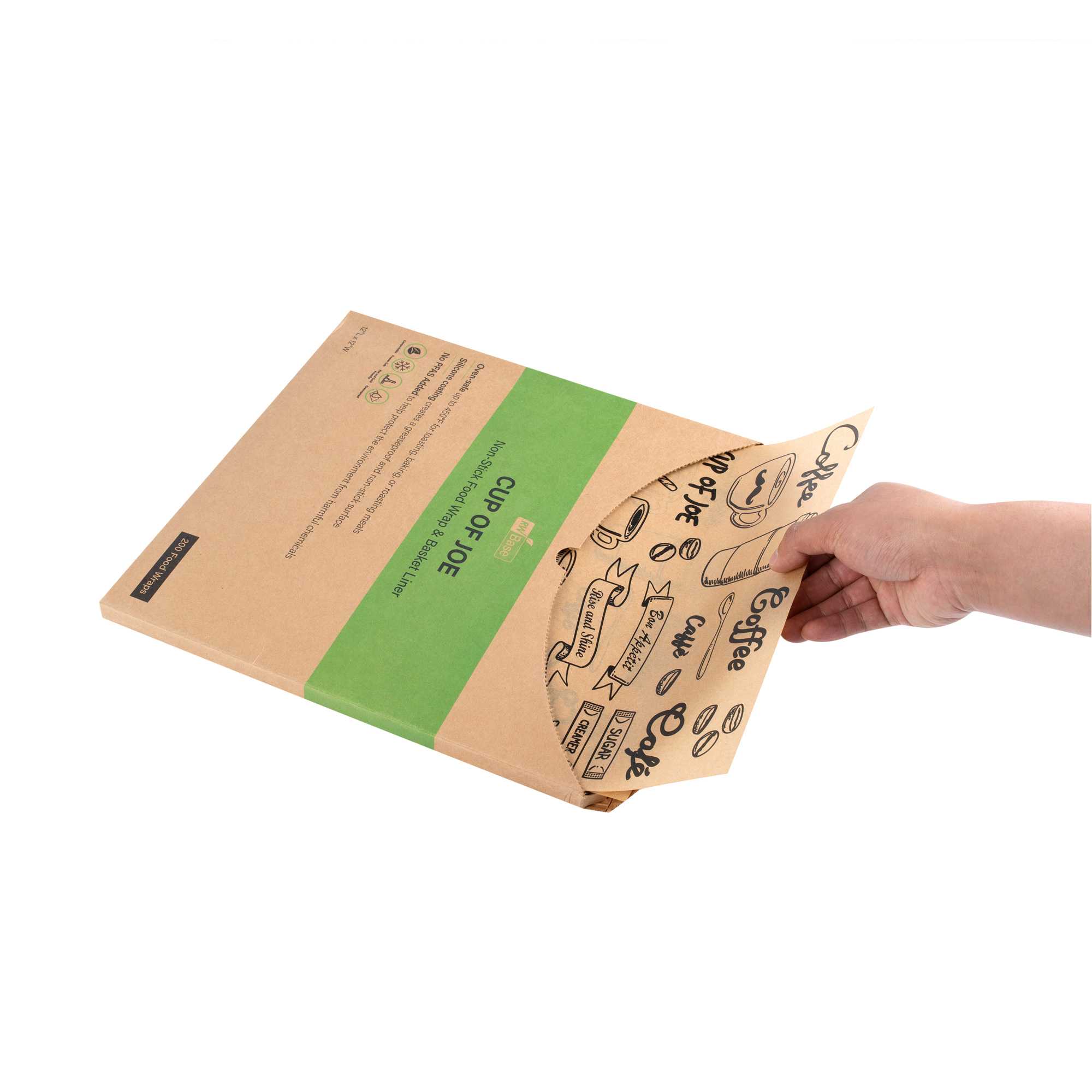 Chef 101 No PFAS Added Kraft Paper Coffee Shop Wrap and Pastry Liner - Cup of Joe, Greaseproof - 12" x 12" - 200 count box