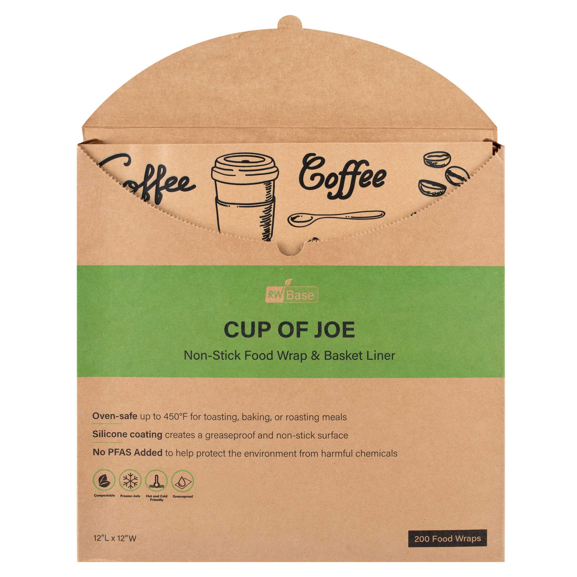 Chef 101 No PFAS Added Kraft Paper Coffee Shop Wrap and Pastry Liner - Cup of Joe, Greaseproof - 12" x 12" - 200 count box