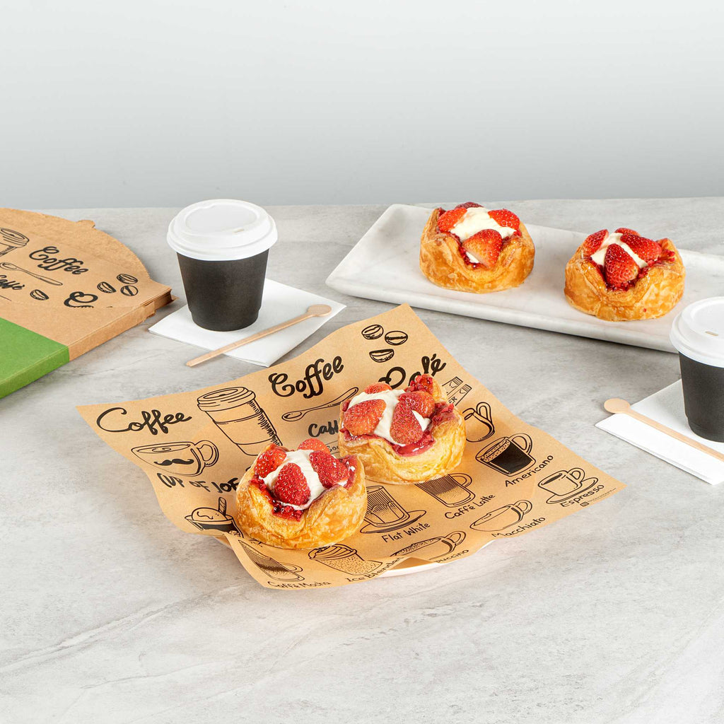 Chef 101 No PFAS Added Kraft Paper Coffee Shop Wrap and Pastry Liner - Cup of Joe, Greaseproof - 12" x 12" - 200 count box