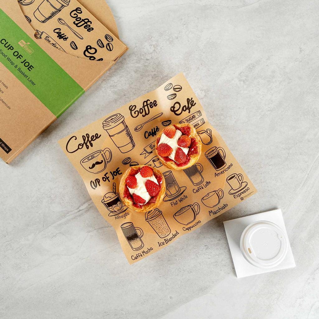 Chef 101 No PFAS Added Kraft Paper Coffee Shop Wrap and Pastry Liner - Cup of Joe, Greaseproof - 12" x 12" - 200 count box