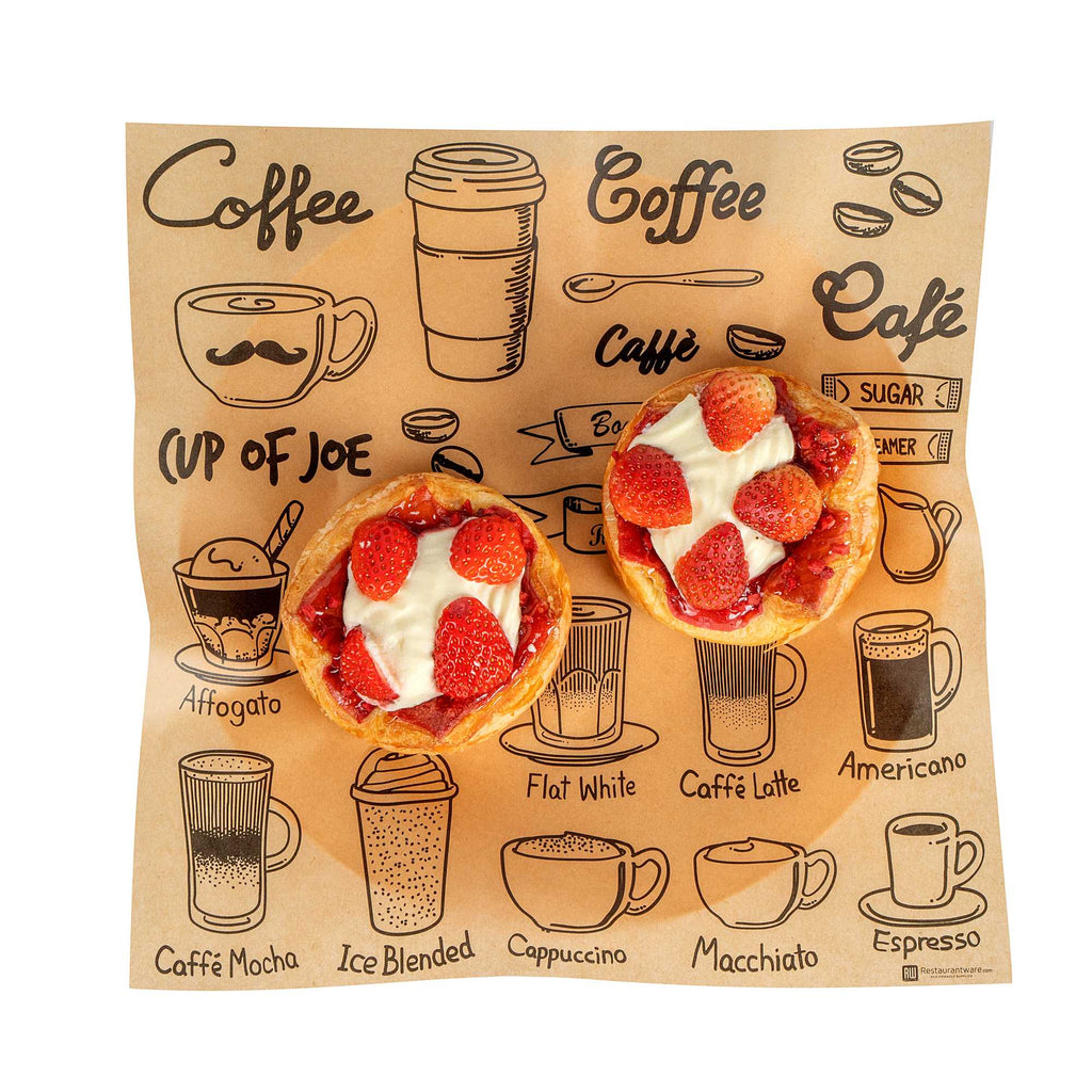 Chef 101 No PFAS Added Kraft Paper Coffee Shop Wrap and Pastry Liner - Cup of Joe, Greaseproof - 12" x 12" - 2000 count box