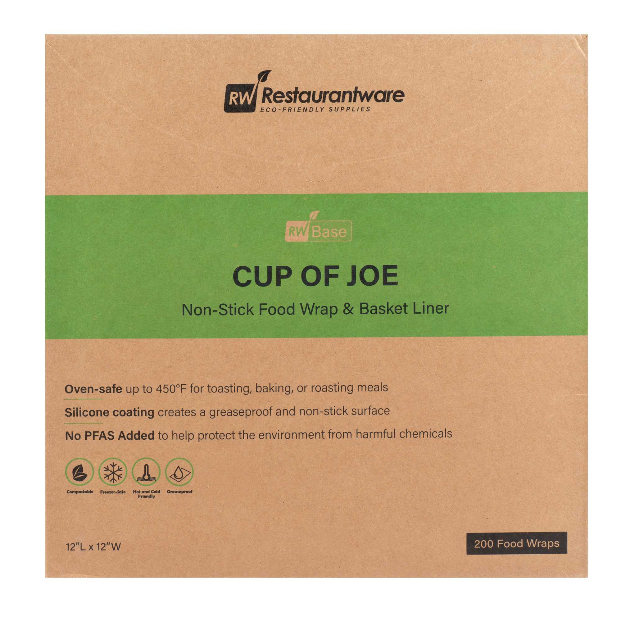 Chef 101 No PFAS Added Kraft Paper Coffee Shop Wrap and Pastry Liner - Cup of Joe, Greaseproof - 12" x 12" - 2000 count box