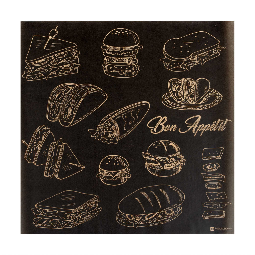 Chef 101 No PFAS Added Black Paper Bakery Wrap and Basket Liner - Bon Appetit, Greaseproof - 12" x 12" - 200 count box