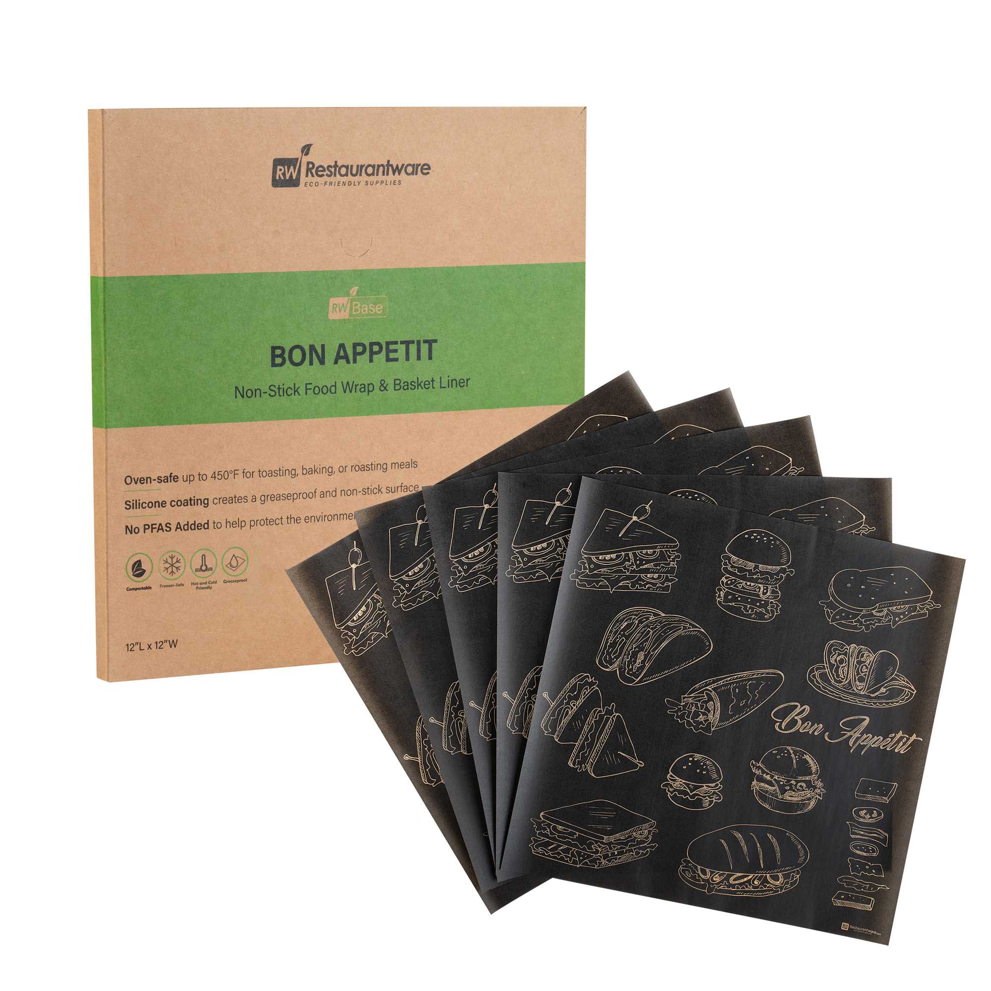 Chef 101 No PFAS Added Black Paper Bakery Wrap and Basket Liner - Bon Appetit, Greaseproof - 12" x 12" - 200 count box
