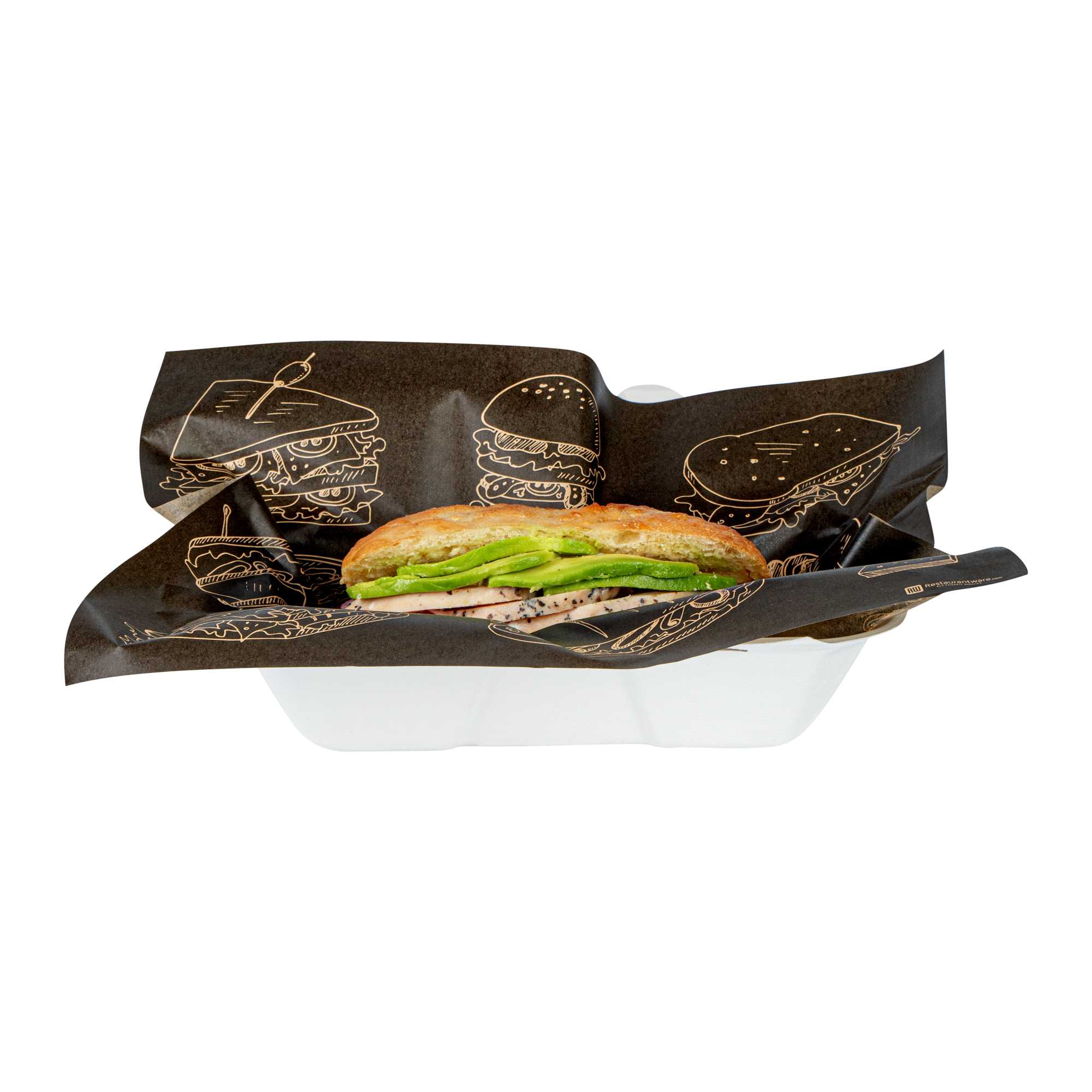 Chef 101 No PFAS Added Black Paper Bakery Wrap and Basket Liner - Bon Appetit, Greaseproof - 12" x 12" - 200 count box