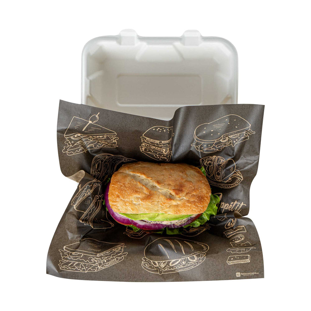 Chef 101 No PFAS Added Black Paper Bakery Wrap and Basket Liner - Bon Appetit, Greaseproof - 12" x 12" - 200 count box