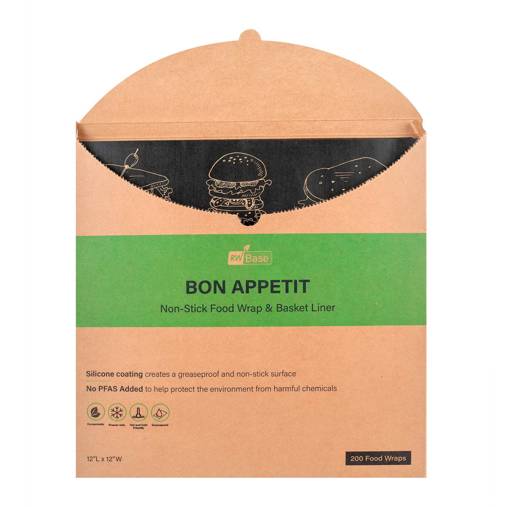 Chef 101 No PFAS Added Black Paper Bakery Wrap and Basket Liner - Bon Appetit, Greaseproof - 12" x 12" - 200 count box