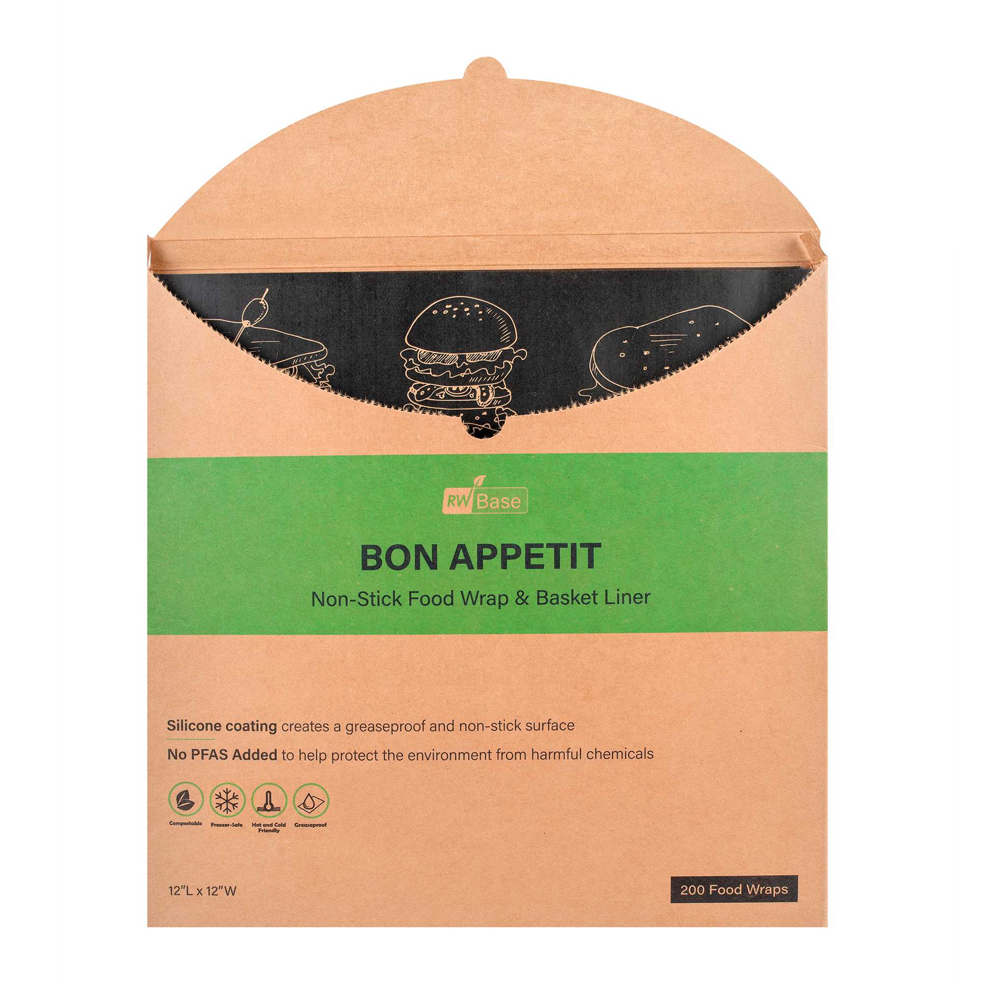 Chef 101 No PFAS Added Black Paper Bakery Wrap and Basket Liner - Bon Appetit, Greaseproof - 12" x 12" - 200 count box