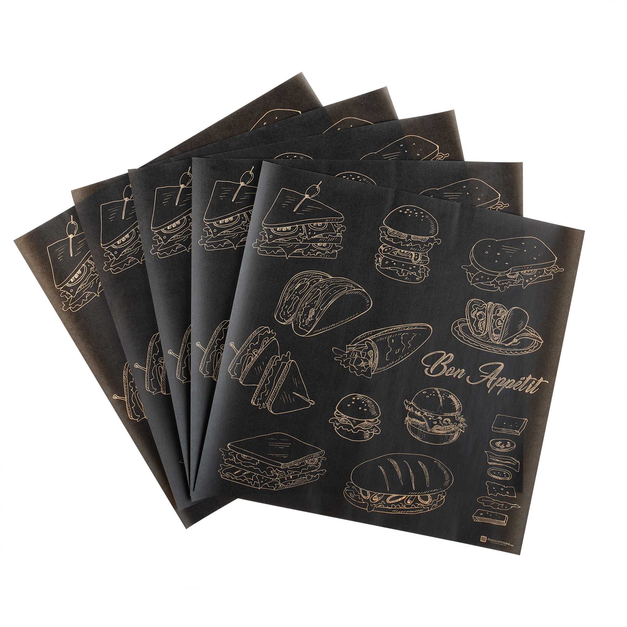 Chef 101 No PFAS Added Black Paper Bakery Wrap and Basket Liner - Bon Appetit, Greaseproof - 12" x 12" - 200 count box