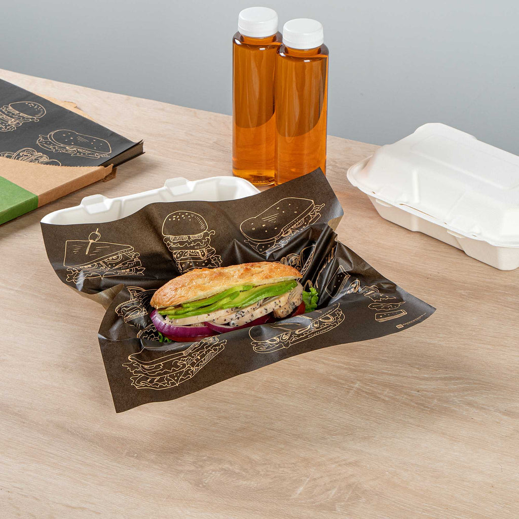 Chef 101 No PFAS Added Black Paper Bakery Wrap and Basket Liner - Bon Appetit, Greaseproof - 12" x 12" - 200 count box