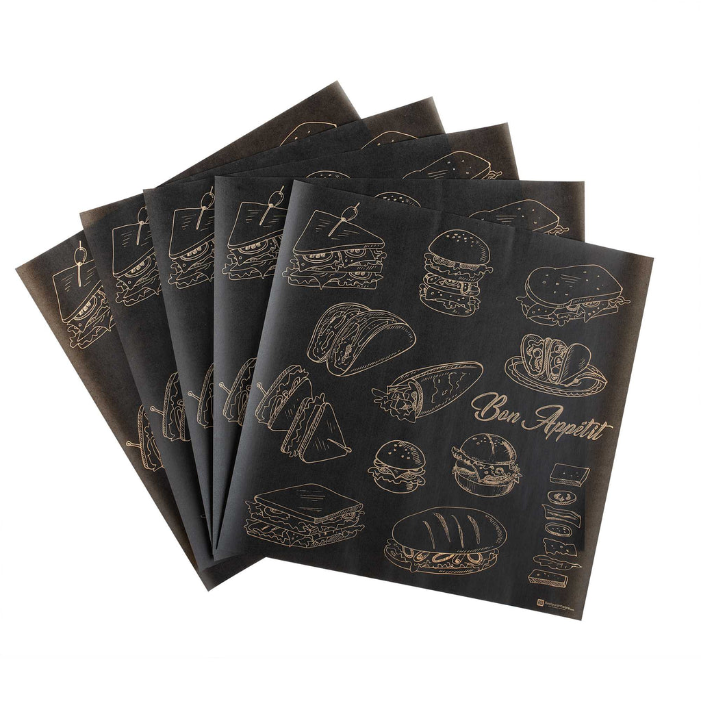 Chef 101 No PFAS Added Black Paper Bakery Wrap and Basket Liner - Bon Appetit, Greaseproof - 12" x 12" - 2000 count box