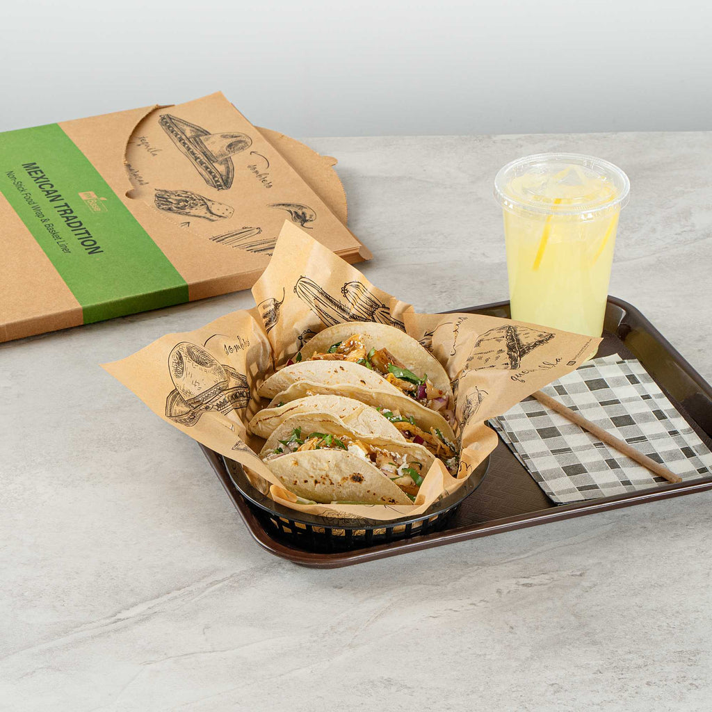 Chef 101 No PFAS Added Kraft Paper Taco Wrap and Chip Liner - Mexican Tradition, Greaseproof - 12" x 12" - 200 count box