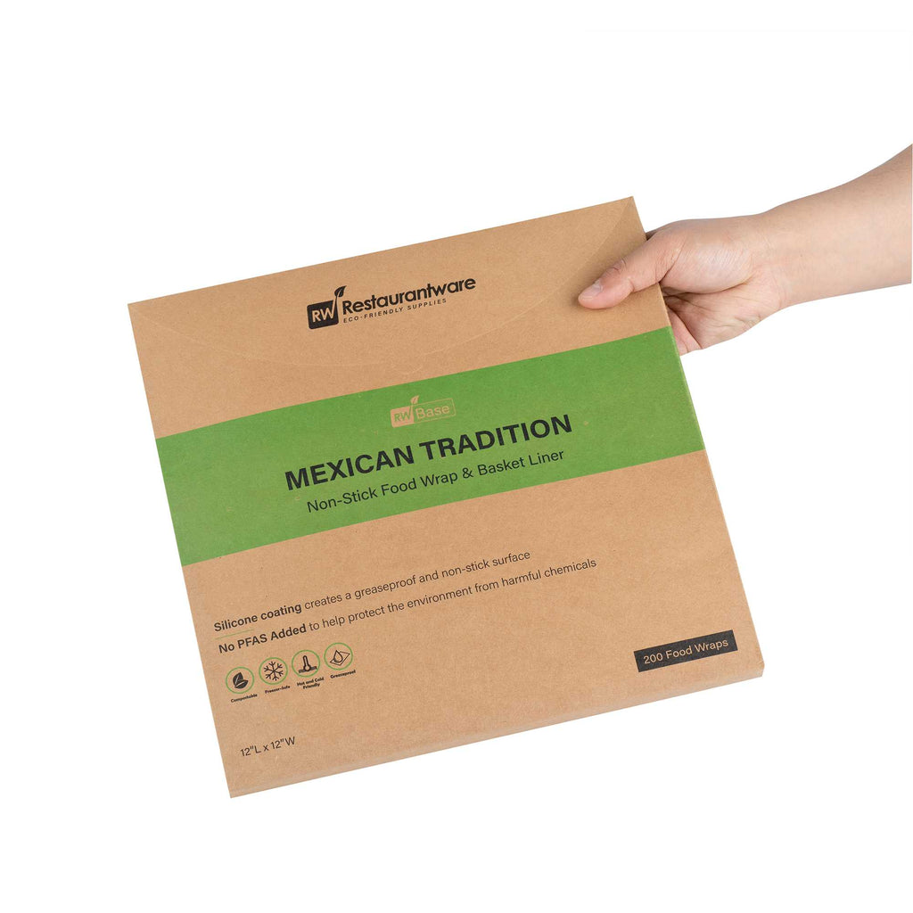 Chef 101 No PFAS Added Kraft Paper Taco Wrap and Chip Liner - Mexican Tradition, Greaseproof - 12" x 12" - 200 count box