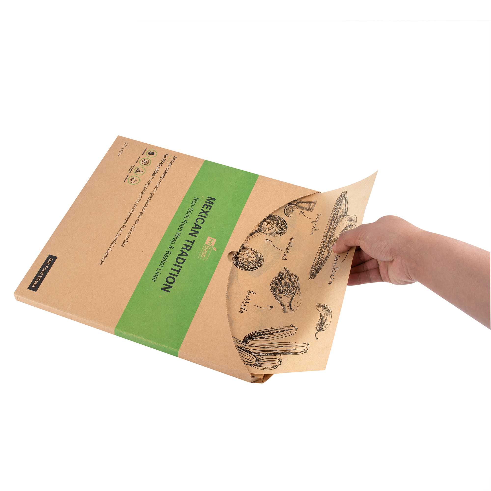 Chef 101 No PFAS Added Kraft Paper Taco Wrap and Chip Liner - Mexican Tradition, Greaseproof - 12" x 12" - 200 count box