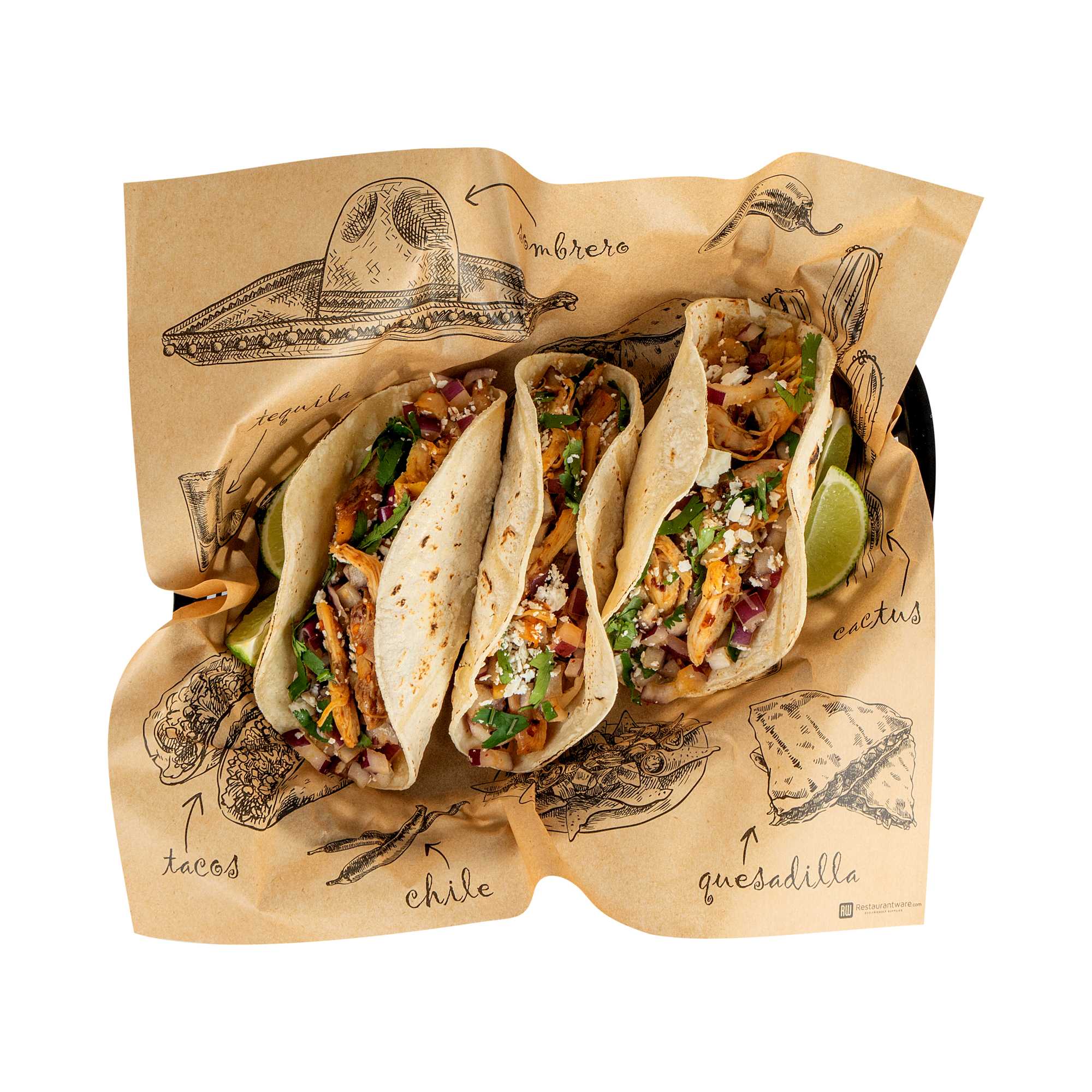 Chef 101 No PFAS Added Kraft Paper Taco Wrap and Chip Liner - Mexican Tradition, Greaseproof - 12" x 12" - 200 count box