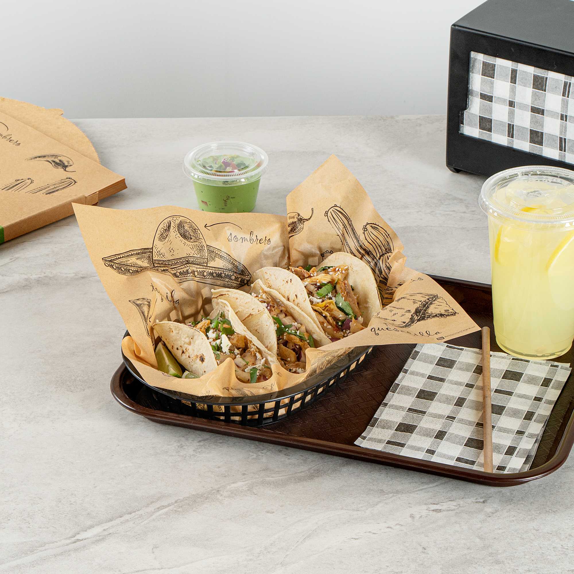 Chef 101 No PFAS Added Kraft Paper Taco Wrap and Chip Liner - Mexican Tradition, Greaseproof - 12" x 12" - 200 count box