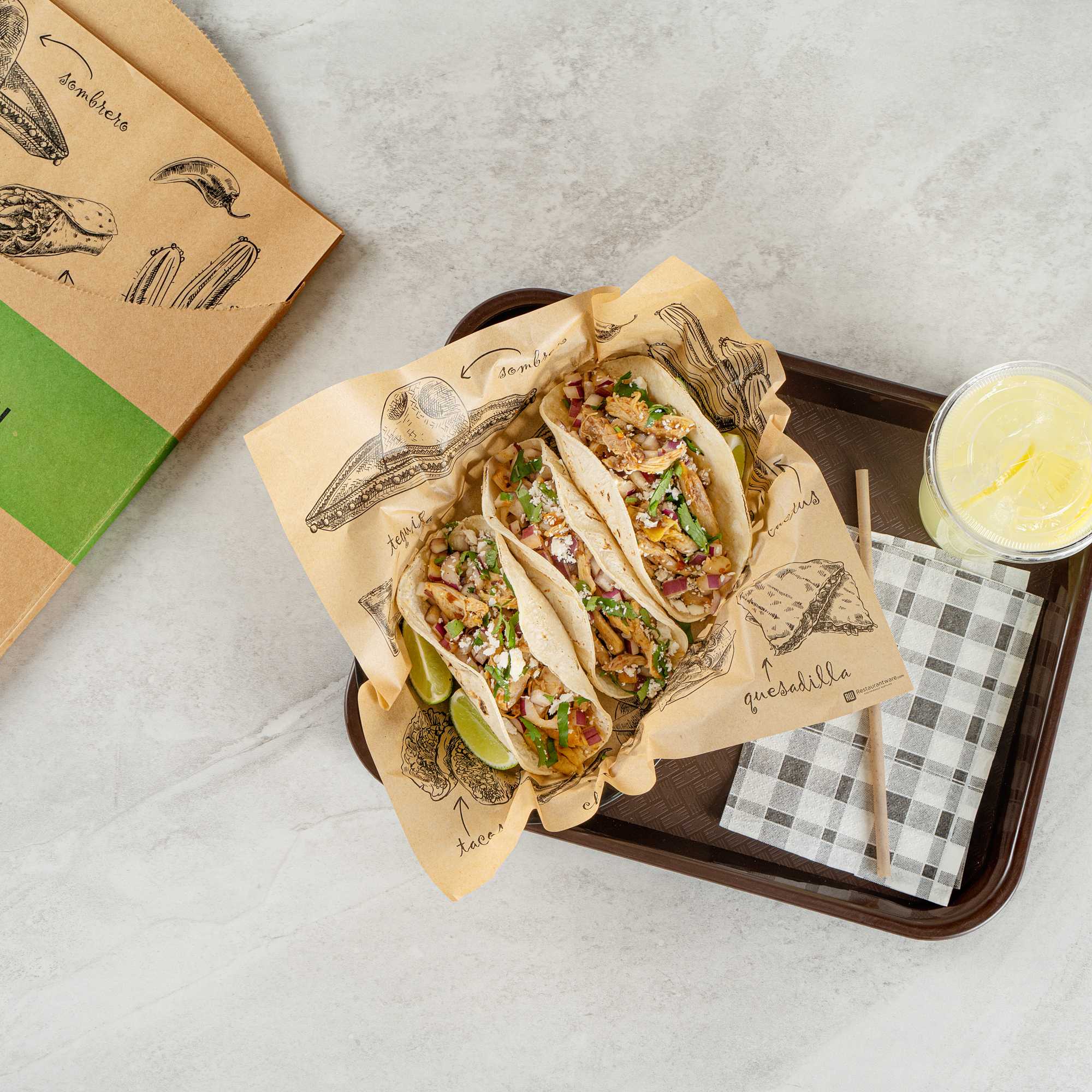 Chef 101 No PFAS Added Kraft Paper Taco Wrap and Chip Liner - Mexican Tradition, Greaseproof - 12" x 12" - 200 count box