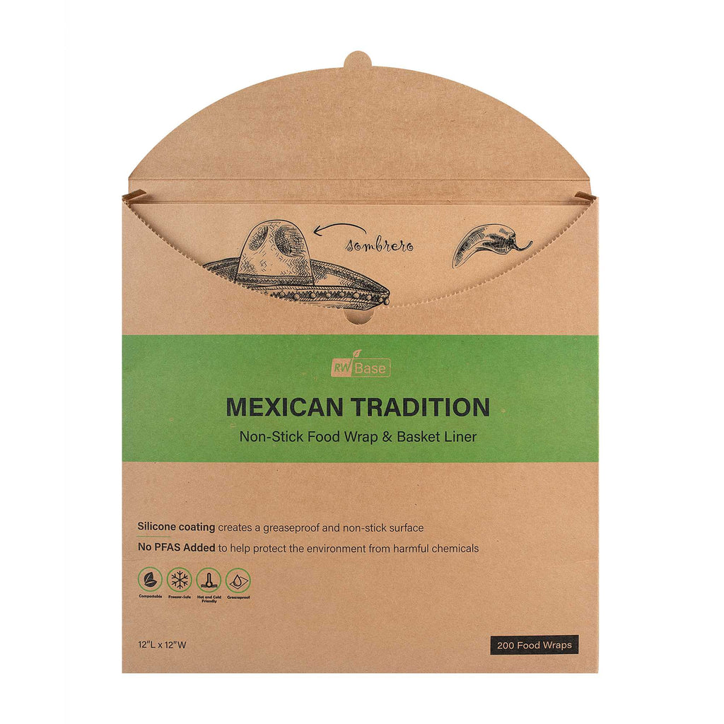 Chef 101 No PFAS Added Kraft Paper Taco Wrap and Chip Liner - Mexican Tradition, Greaseproof - 12" x 12" - 2000 count box
