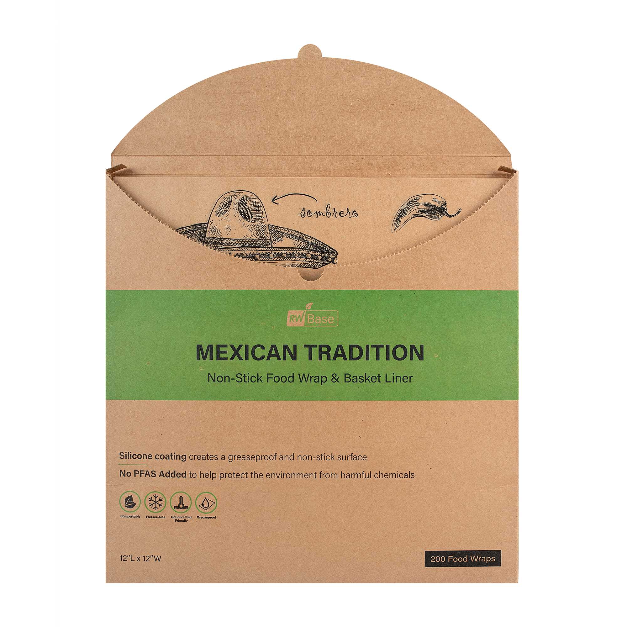 Chef 101 No PFAS Added Kraft Paper Taco Wrap and Chip Liner - Mexican Tradition, Greaseproof - 12" x 12" - 2000 count box